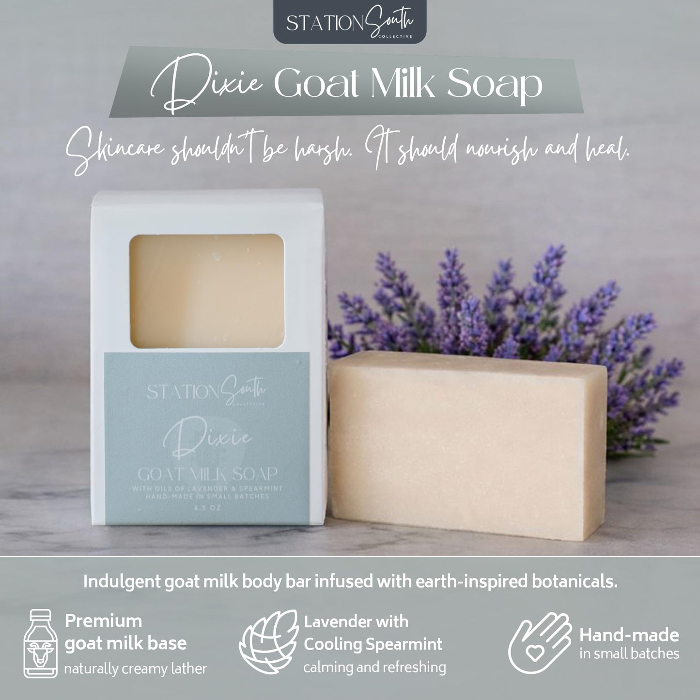 Station South Collective Dixie Goat Milk Soap Bar – Moisturizing & Gentle Body Soap for Sensitive Skin, Hydrating Cleanse with Shea Butter, Lavender & Spearmint
