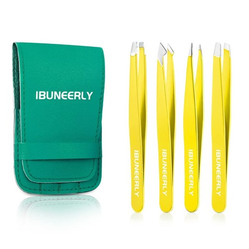iBuneerly Tweezers Set, 4Pcs Tweezers for Women with Travel Case, Professional Stainless Steel Eyebrows Tweezers, Great Precision Tweezers for Ingrown Hair, Facial Hair, Splinter Removal (Yellow)