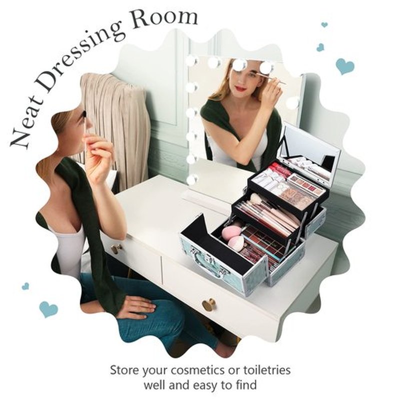 FRENESSA Makeup Train Case Portable Cosmetic Box Makeup Case Organizer with Mirror 2 Trays Lockable Makeup Storage Box for Cosmetologist, Makeup Tools, Craft Travel Cosmetology Case Blue