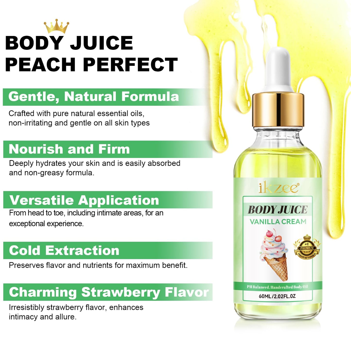 KLLALO Body Juice Vanilla Cream Oil, 60ml, Peach Perfect, Eliminates Odor, Ph Balanced, Hand Crafted for Women, 100% Pure Feminine Essential Intimate Oil (Vanilla)