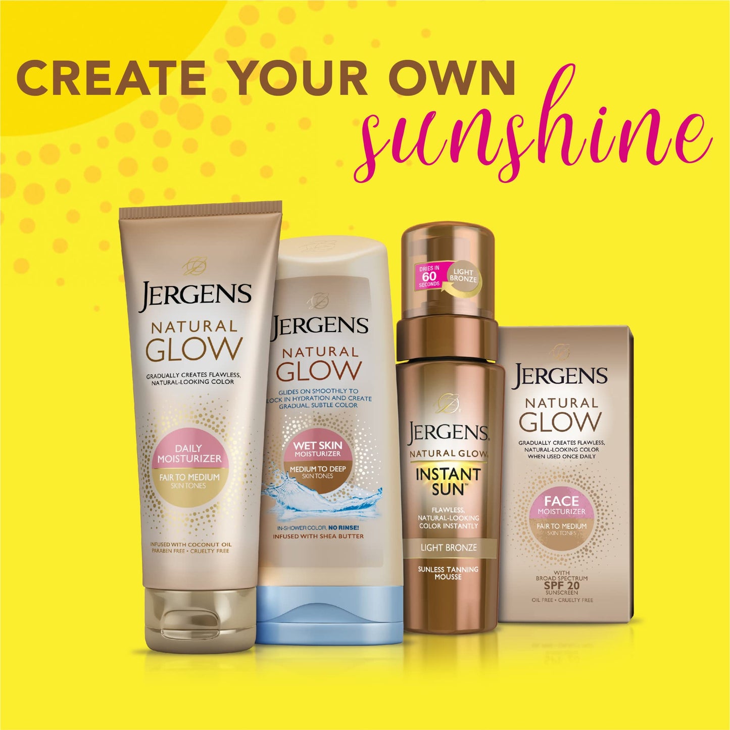 Jergens Natural Glow Instant Sun Tanning Moisturizer + Bronzer, Lightweight Sunless Tanning for Natural-Looking Color, Light Bronze, 6 Oz