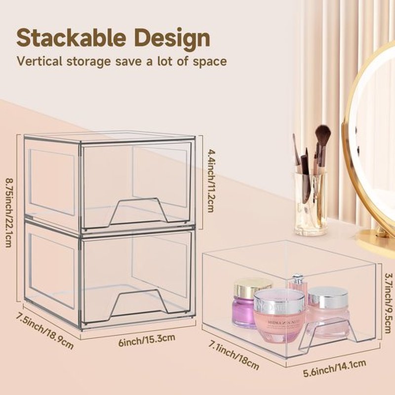 Damomo 2 Pack Stackable Organizer Drawers, Clear Bathroom Makeup Organizer and Storage, Acrylic Plastic Organizers Bins for Vanity, Undersink, Bathroom, Pantry, Kitchen Cabinets