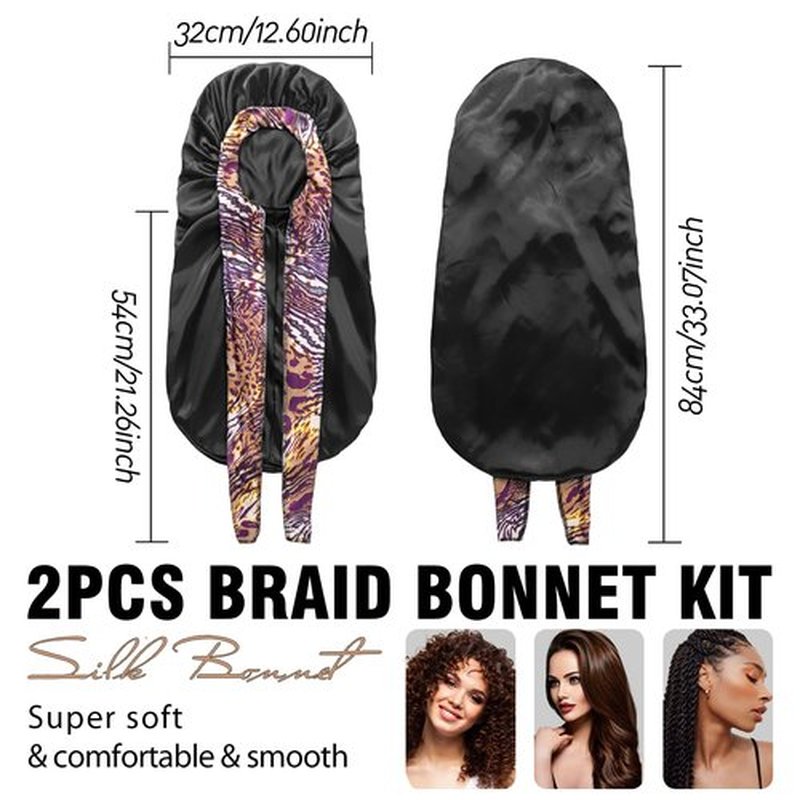 2Pack Bonnets for Black Women Braid Bonnet, Large Long Bonnet Satin Bonnet for Braids,Black Women Silk Bonnet with Stretchy Tie Band Braid Bonnet for Sleeping Extra Long (Pink &Black Dark Pattern