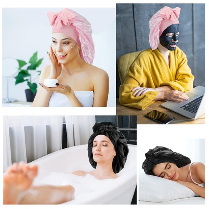 Arqumi Pack of 2 Satin Sleeping Bonnet, Large Satin Sleep Bonnet with Long Strap, Adjustable Sleep Cap Hair Bonnet for Women & Men, Black+Pink
