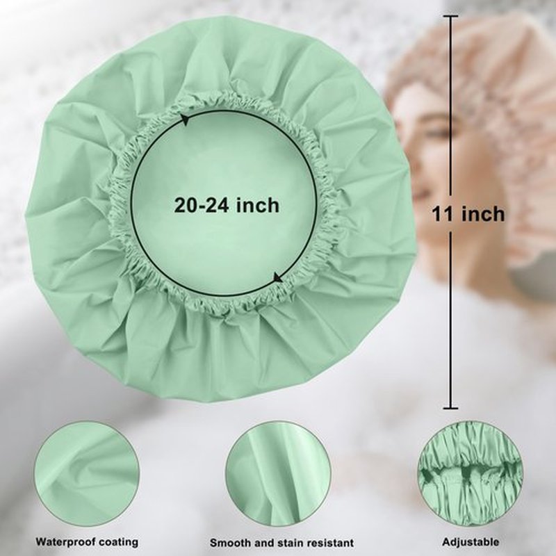 Reusable Shower Cap for Women, Large Waterproof Shower Bonnet Washable Elastic Band Bath Hair Hat for Long Hair, Braids(Green Bean)