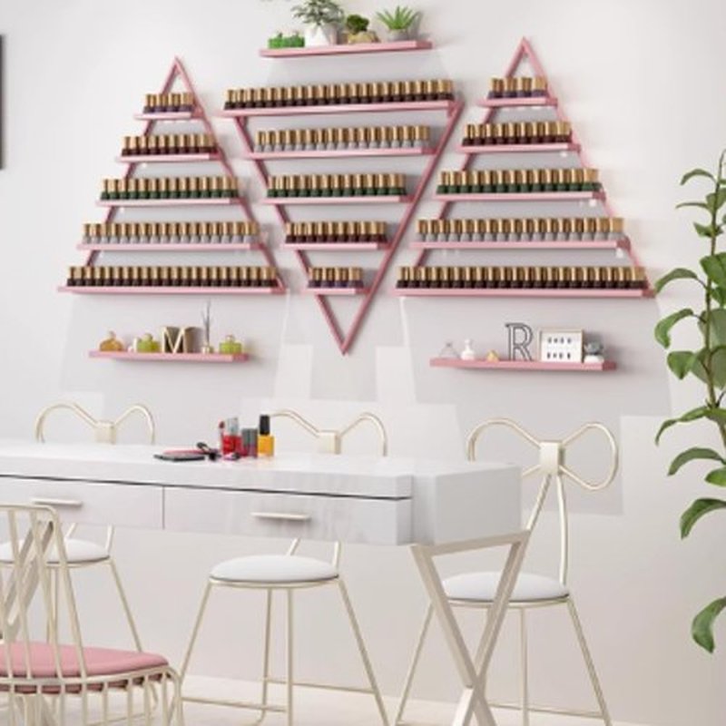 LEYSRIS Wall-Mounted Nail Polish Rack, Set of 6 Triangular Pink Nail Polish Shelf Lipstick Perfume Cosmetic Display Shelf for Home Spa Nail Salon Shop