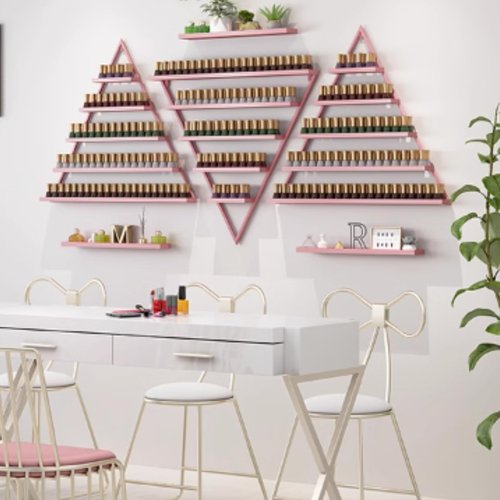 LEYSRIS Wall-Mounted Nail Polish Rack, Set of 6 Triangular Pink Nail Polish Shelf Lipstick Perfume Cosmetic Display Shelf for Home Spa Nail Salon Shop