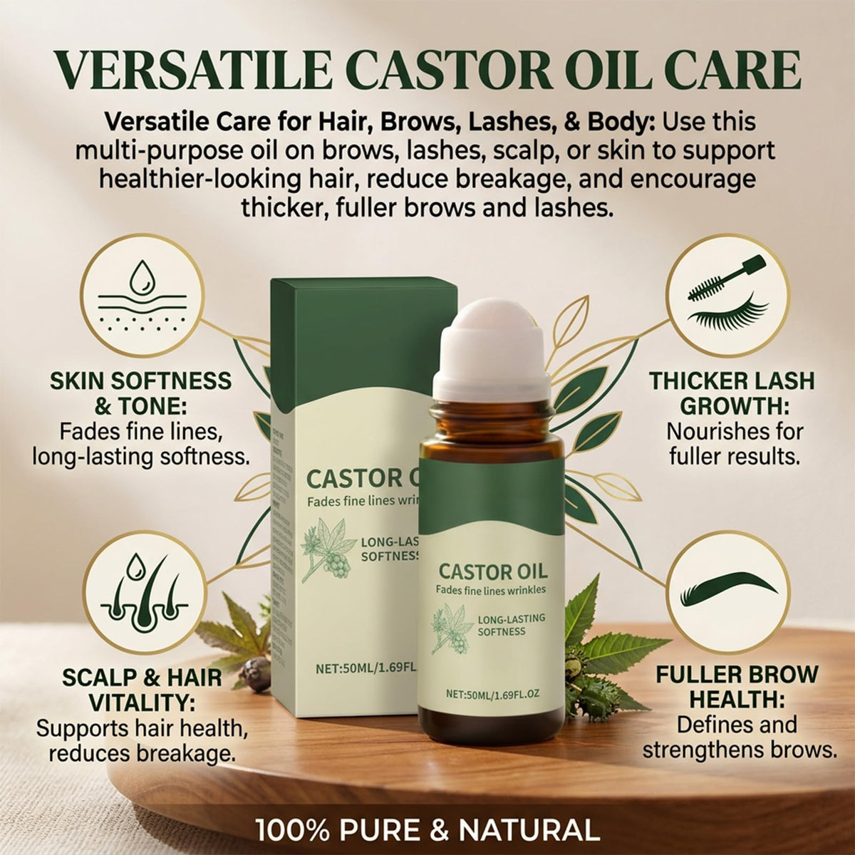 Vexivo Organic Castor Oil Roll-On, Cold-Pressed Pure Beauty Oil, Mess-Free Formula for Skin, Brows, Lashes & Body Care, 1.7Floz 50ml in Amber Glass Bottle (1 Pcs)