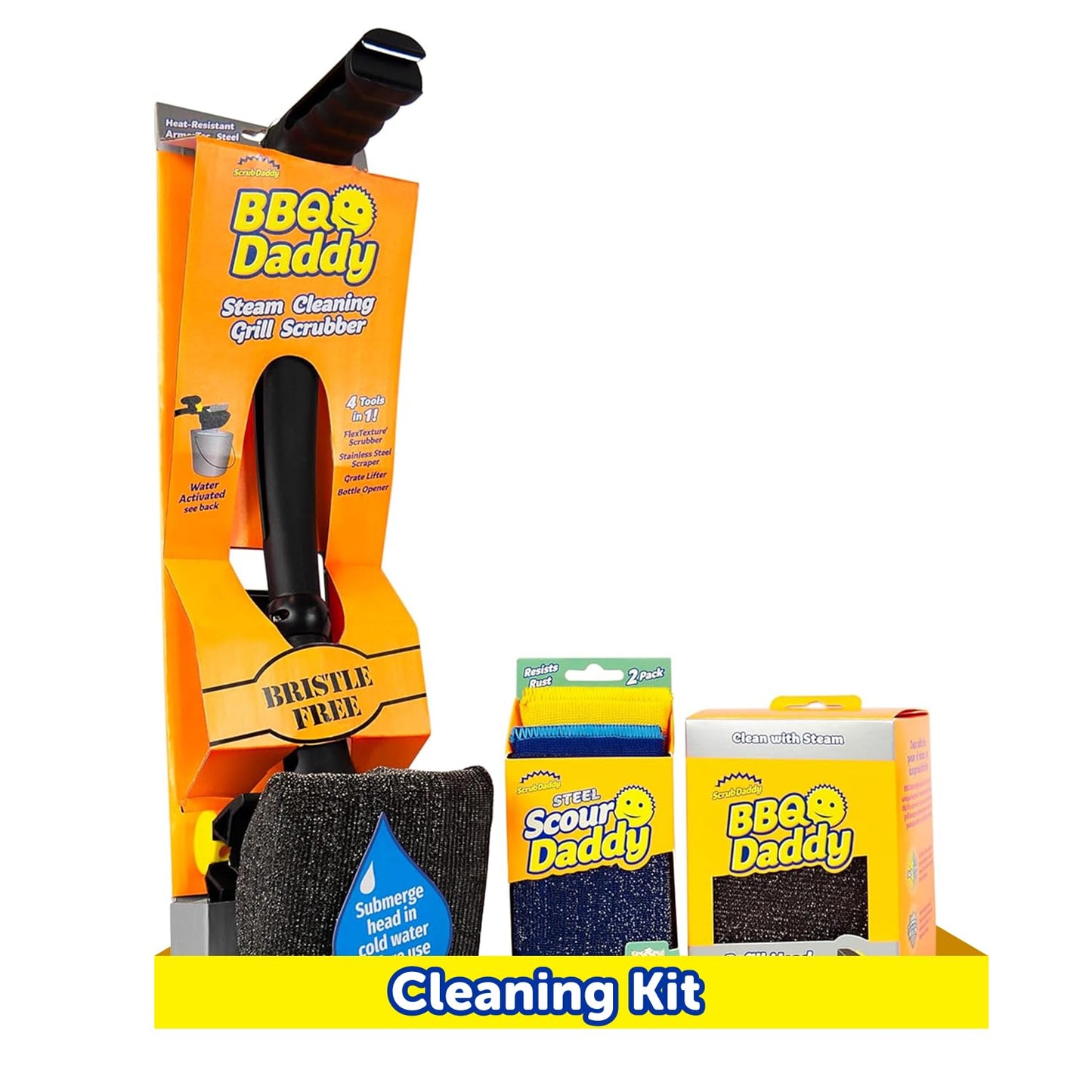 Scrub Daddy BBQ Daddy Grill Cleaner Kit - Bristle Free Grill Brush with Refill + 2 Steel Scour Daddy Grill Sponges - Built-in Grill Scraper - Temperature Controlled Grill Cleaning Tools (4 Count)