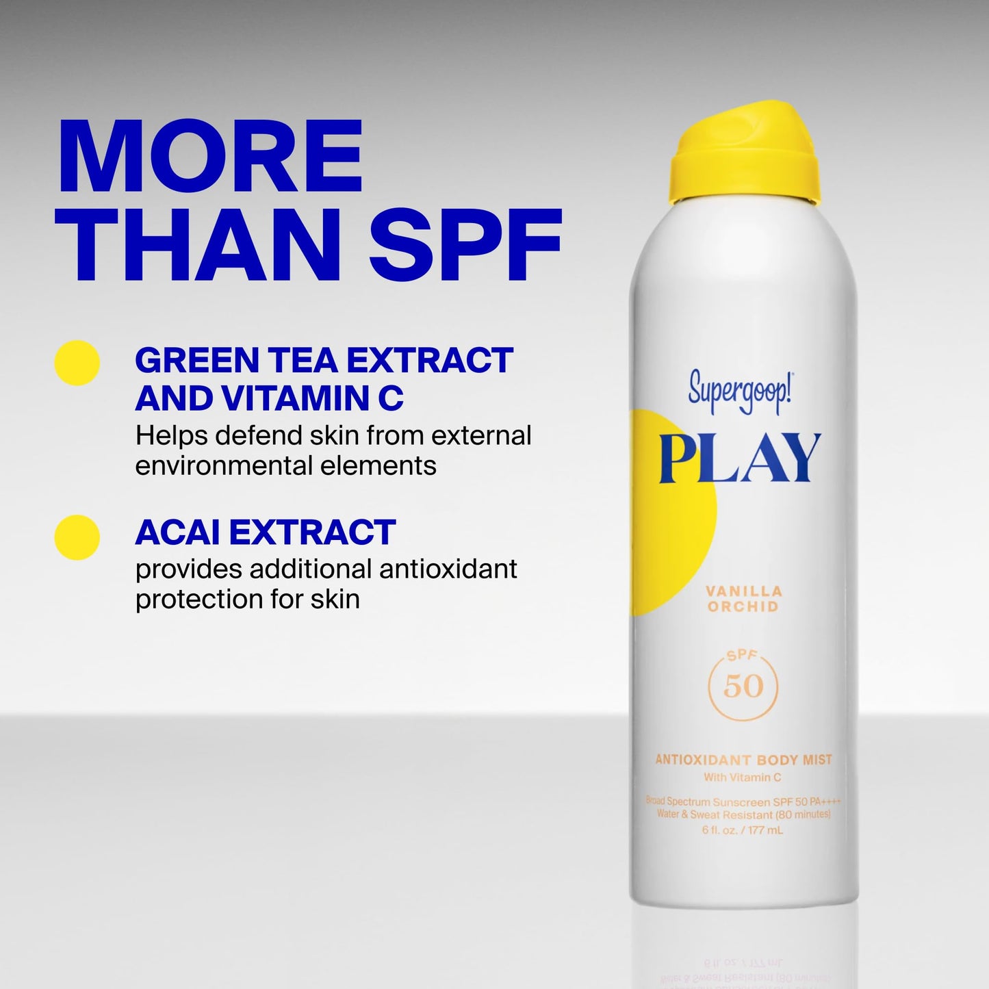 Supergoop! PLAY Antioxidant Body Mist w/Vitamin C - 6 fl oz - SPF 50 PA++++ Broad Spectrum Sunscreen - Body Spray - Great for Active Days - Vanilla Orchid