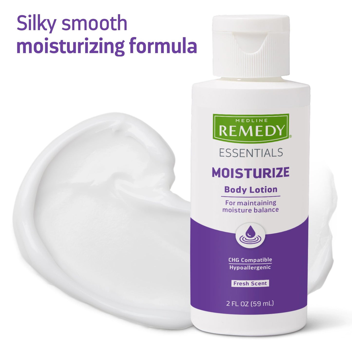 Medline Remedy Essentials Moisturizing Body Lotion (2 oz Bottle), Fresh Scent, Travel-Size, Hydrating, Non-Greasy, For Dry Skin, Hypoallergenic, Men, Women, Elderly