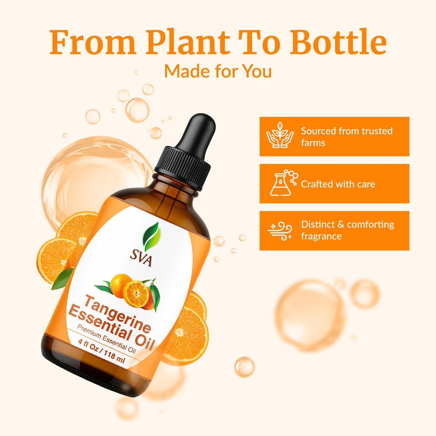 SVA Tangerine Essential Oil 4 Fl Oz – for Diffuser, Skin & Hair Care – Ideal for Massage & DIY Blends – with Dropper