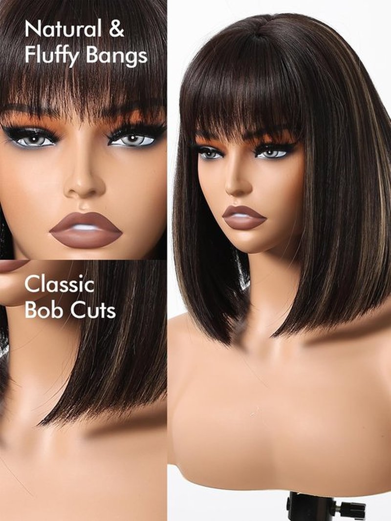 Allbell 12Inch Yaki Straight Bob Wig with Bangs Synthetic Hair Black with Blonde Highlights Bob Wig Ready to Go Short Wigs for Women