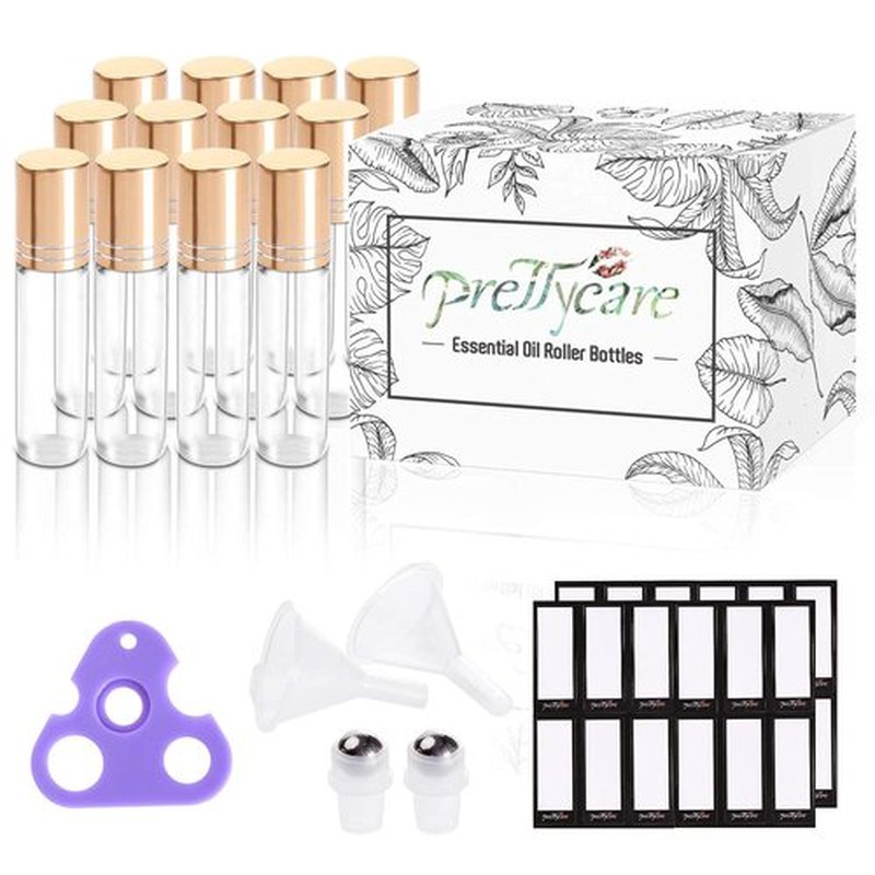 PrettyCare Essential Oil Roller Bottles 10ml (Clear Glass Bottle with Gold Cap, 12 Pack, 2 Extra Stainless Steel Balls, 24 Labels, Opener, Funnels for Oils, Roller on Bottles