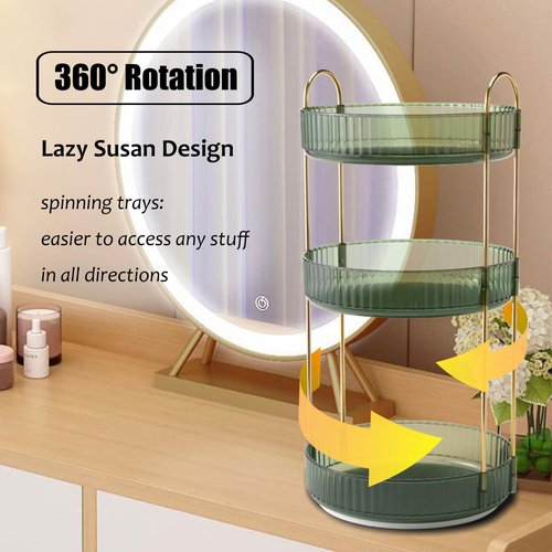 Zufudo Rotating Makeup Organizer 3 Tier Lazy Susan Trays Skincare Perfume Organizer for Bathroom Counter Vanity, Green Gold