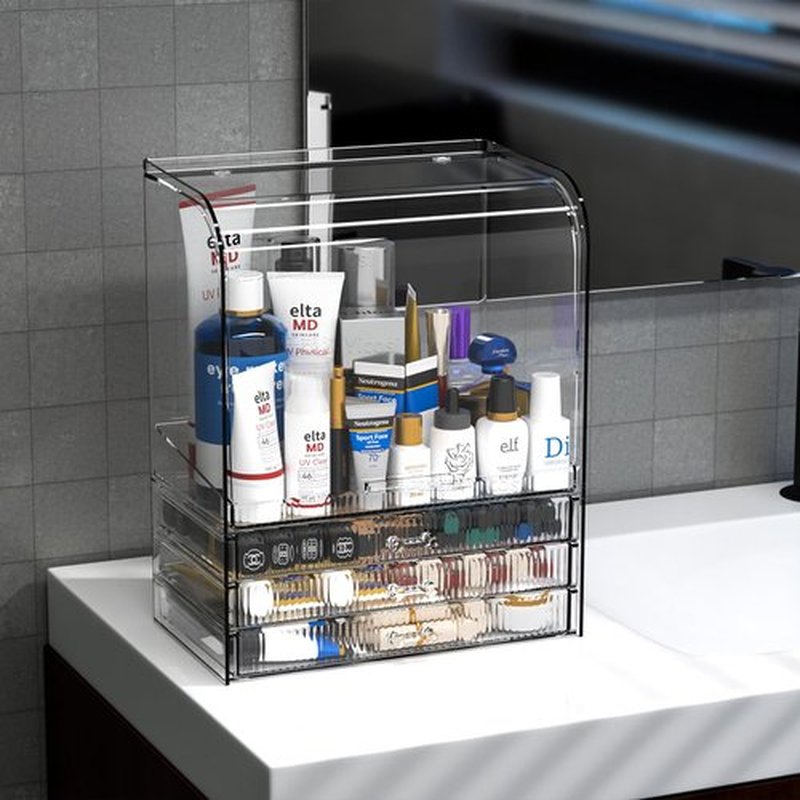 Clear Makeup Organizers for Vanity With Dustproof Lid,Large Capacity Skincare Organizer and Bathroom Counter Organizer With 3 Drawers For Cosmetics,Lotion,Beauty Product Dresser Top Organizer Case