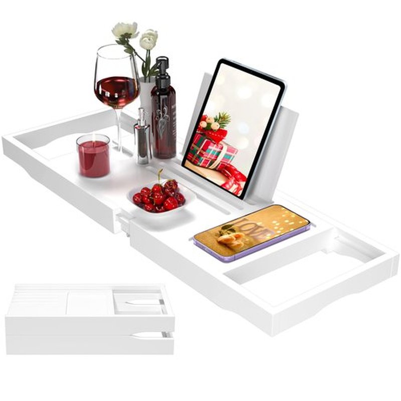Premium Bathtub Caddy Tray,Expandable Bamboo Bath Tray for Tub,Foldable Minimalist Bathroom Accessories with Book Stand for Home Spa Relaxing,Unique House Warming Gifts,White