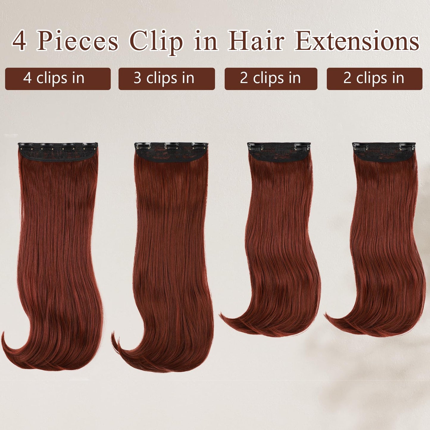 FREEMEIGE Copper Red Hair Extensions Clip in Hair Extensions for Women Straight Layered Hair Extensions Synthetic Clip in Extensions Long Wavy Extension Daily Use 20 Inch