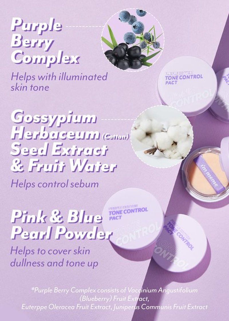 I'M MEME Compact - Purple Cotton Tone Control Pact | Korean Pressed Powder With Purple Berry Complex, Mineral, Translucent, for Blurring Effect, Setting Powder for Makeup, 0.33 Oz