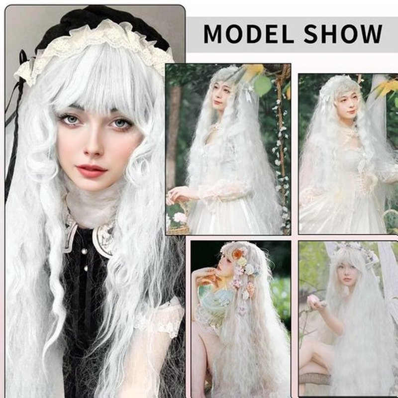 Aliesencia 40 Inch Long Wavy Wig Synthetic Wig with Bangs for Women White Cosplay Wig Long Wavy Bounce Fluffy Wig Natural Style Wig for Halloween Heat Resistant Wig for Party Daily Use(White)