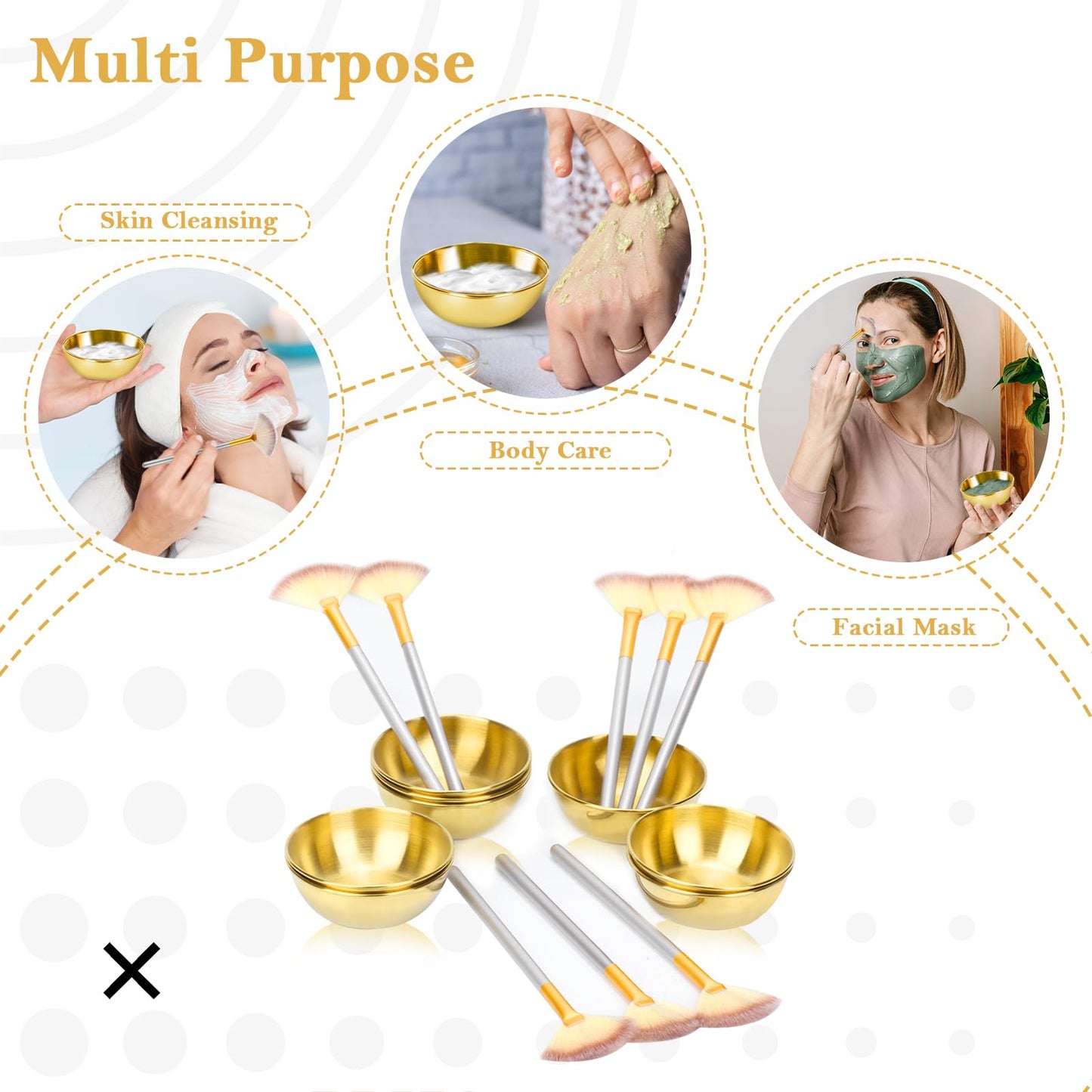 16 Pcs Gold Facial Bowl and Brush Set 8 Facial Fan Brushes Esthetician 8 Gold Facial Mixing Bowls Esthetician Stainless Steel Mixing Bowls Face Mask Brush for Mud Cream Makeup Spa Salon Women