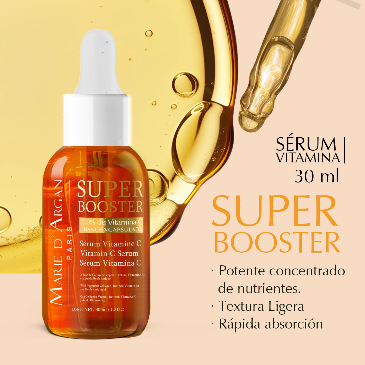 Marie d'Argan Vitamin C Super Booster Face Serum 30 ml - With Retinol, Sodium Hyaluronate, Collagen and Brightening and 10% Pure Vit C Brightening and Anti-Aging