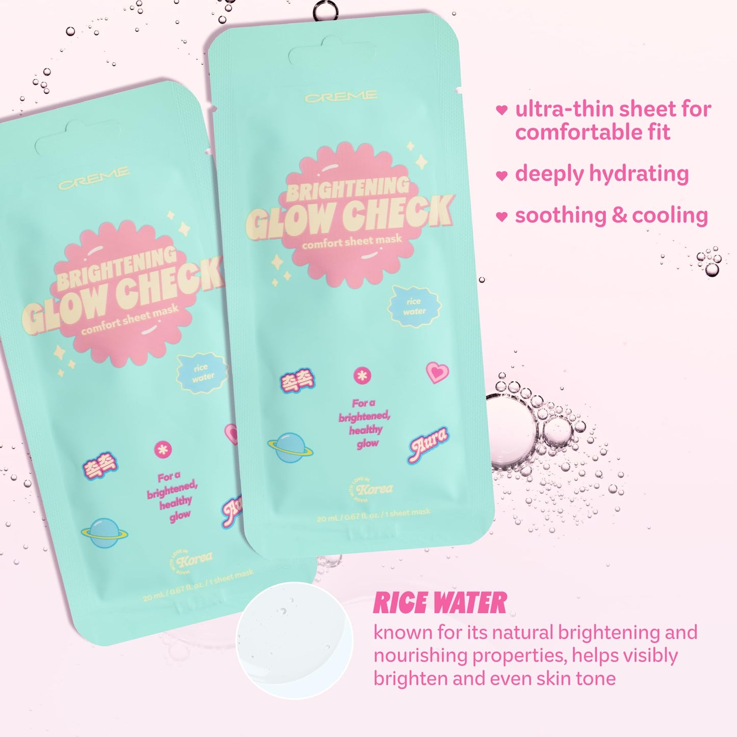 The Creme Shop Glow Check Comfort Sheet Mask 5 Pack, Facial Sheet Mask, Korean Skin Care, Korean Glass Skin, Hydrating, Brightening, Rice Water- Brightening Glow
