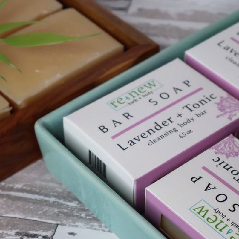 renew bath + body Natural Bar Soap, Lavender & Tonic, Handmade in the USA by Cold Process with a Moisturizing Oil Blend Infused with Shea Butter - 5 Pack, 4.5 ounce bars