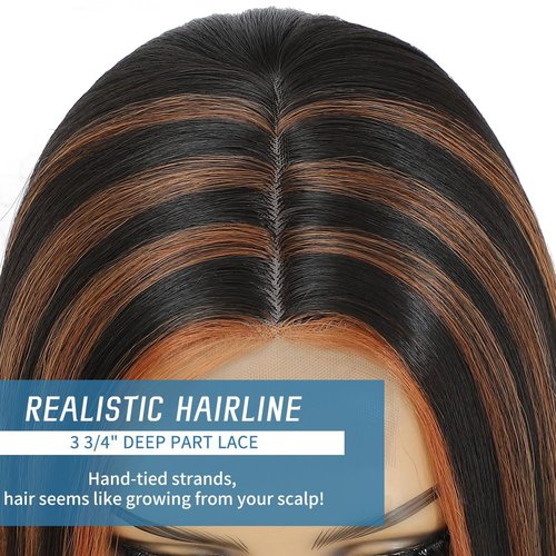meiliprotea Brown Highlight Bob Wig Middle Part Synthetic Lace Front Wig Wear and Go Glueless Bob Closure Wig 15 Inch Shoulder Length Straight Bob Wigs for Women Daily Party Use (HL Brown)