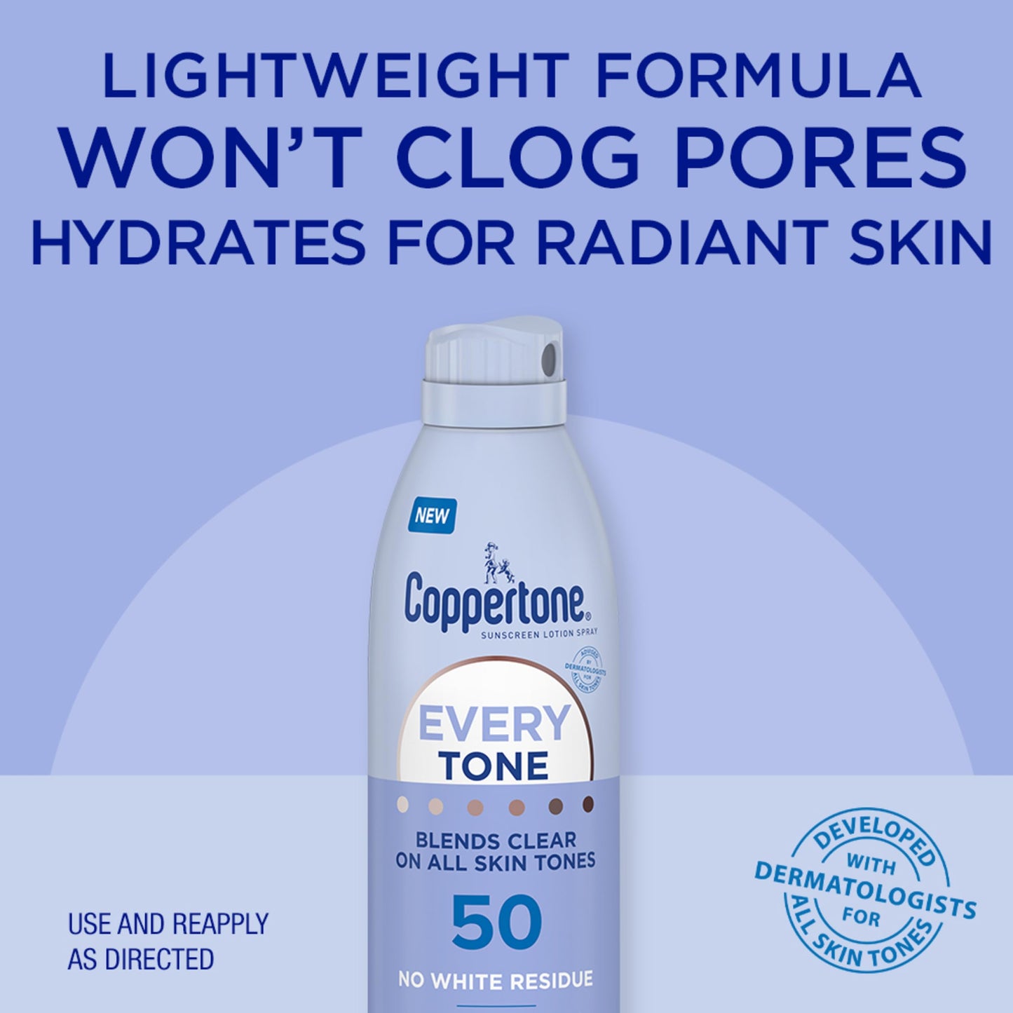 Coppertone Every Tone Sunscreen Spray SPF 50, Lightweight, Blends in Clear Sunscreen for All Skin Tones, Formulated with Nourishing Vitamin E, 5 Oz Bottle