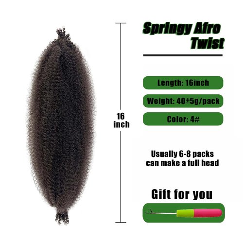 VCEOW Dark Brown Springy Afro Twist Hair 16 inch 6 packs 4# Pre-Separated Kinky Marley Twist Braiding Hair Pre-fluffed Synthetic Wrapping Hair for Distressed Faux Butterfly Locs Spring Twist