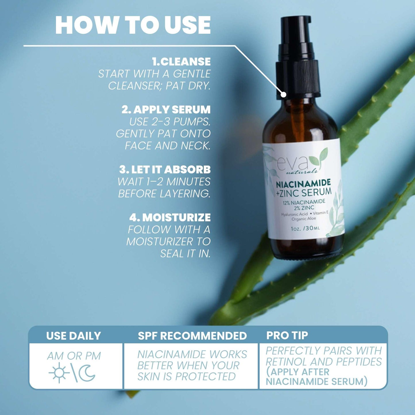 Eva Naturals Niacinamide Serum for Face with Zinc PCA & Botanical Hyaluronic Acid – Pore Minimizer, Dark Spot & Redness Relief, Skin Tone & Texture Support – Lightweight Cream Alternative (1 oz)