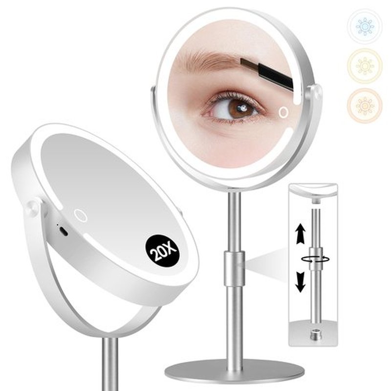 PEDOMIROR 20X Magnifying Mirror with Light, Lighted Make Up Mirror, Rechargeable 2000mAh Led Makeup Mirror, Height & Brightness Adjustable Desk Makeup Mirror, 360°Rotation & Touch Screen (Silvery)