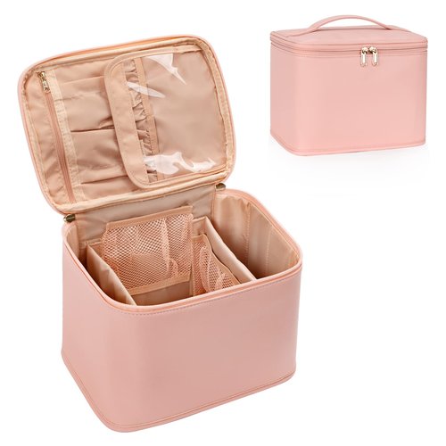 OCHEAL Makeup Bag, Portable Cosmetic Bag, Large Capacity Travel Makeup Case Organizer, Black Makeup Bags For Women Toiletry Bag for Girls Traveling With Handle and Divider-Pink large