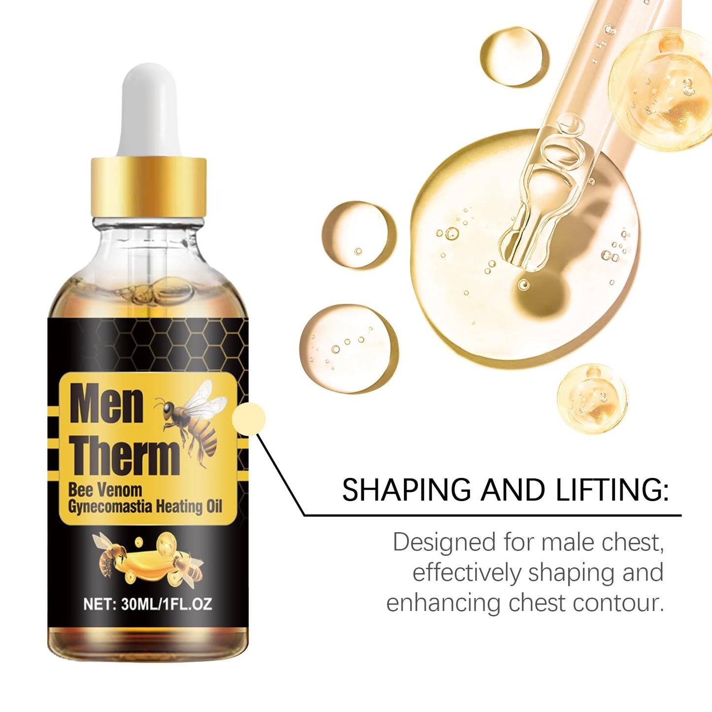 Men Therm Bee Venom Gynecomastia Heating Oil, Chest Firming Treatment with Green Tea Extract and Ginseng, 30ml/1 fl oz