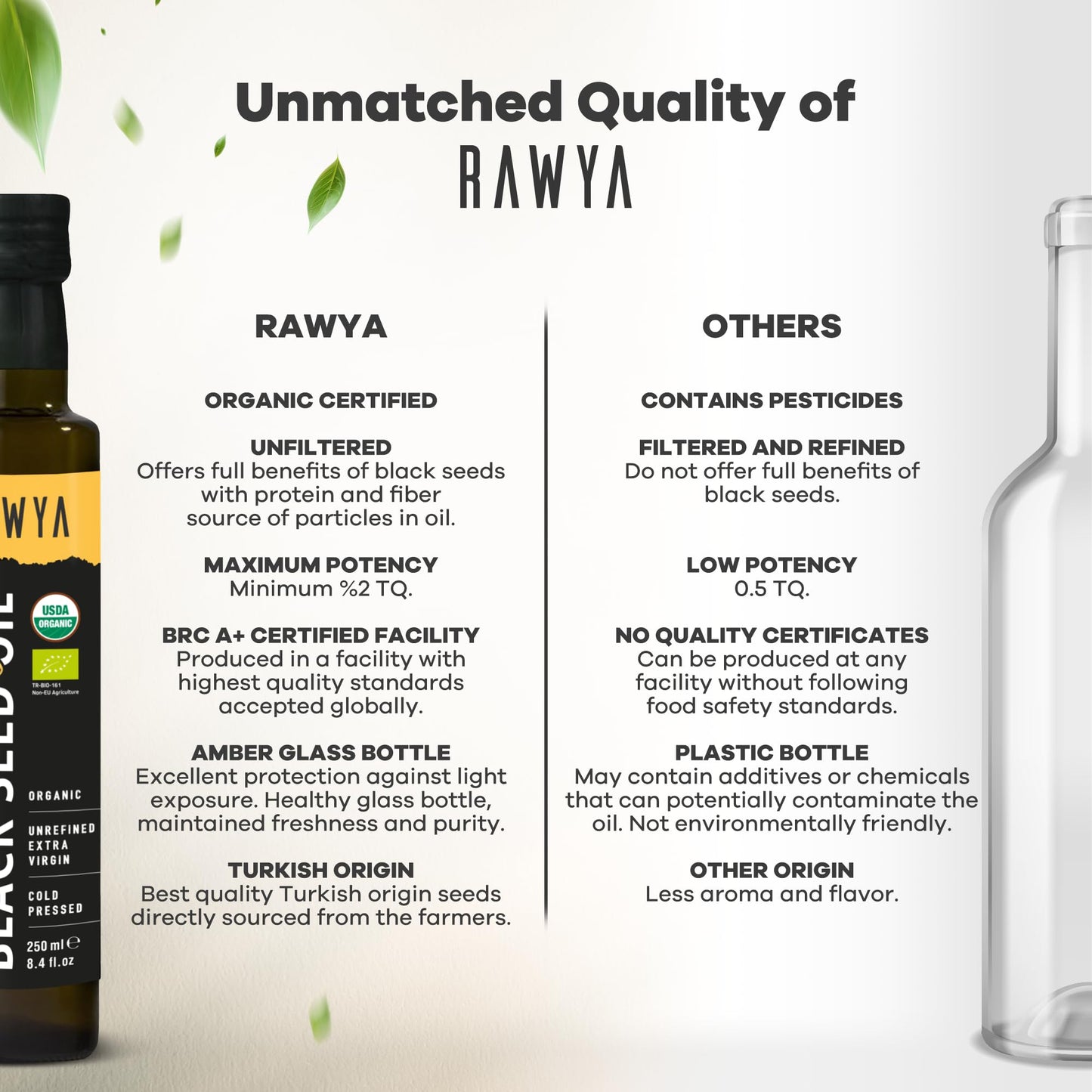 RAWYA Black Seed Oil - Organic Cold Pressed Nigella Sativa - Turkish Origin - USDA Organic - Natural Supplement - Black Cumin Seed Oil - Rich Flavor & High Concentration - 2 PACK - 250ml Glass Bottle