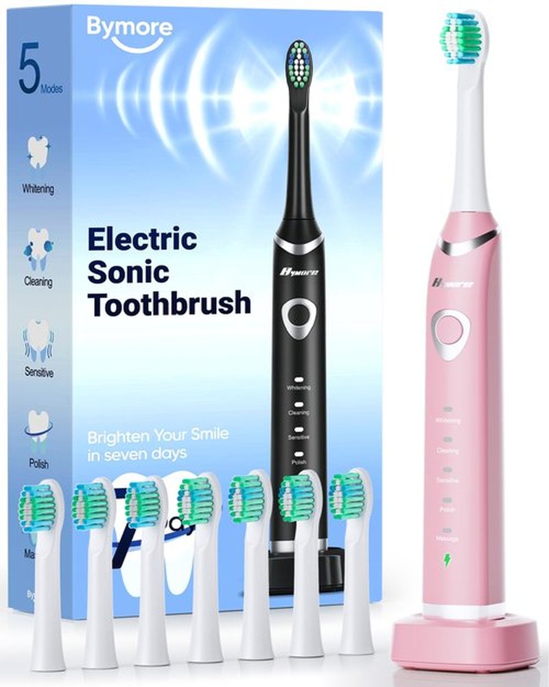 Bymore Electric Toothbrush for Adults,Travel Sonic Toothbrush with 8 Replacement Heads, Ultra Clean Rechargeable Toothbrush Portable Electric Toothbrush-Pink