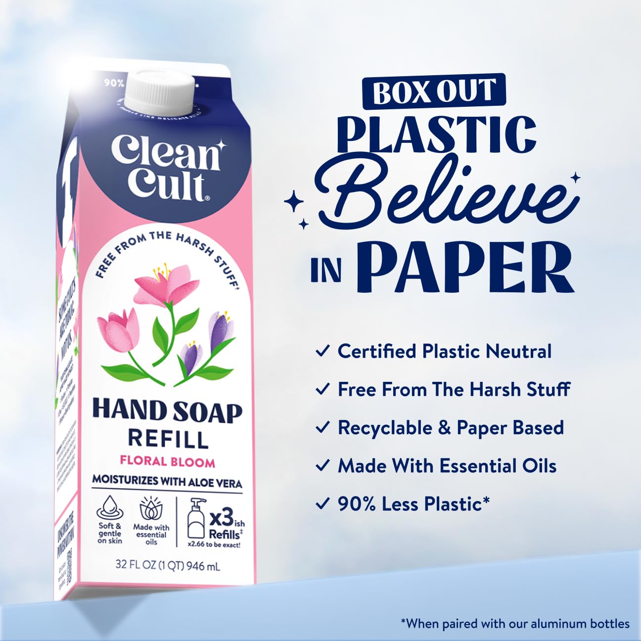 Cleancult Liquid Hand Soap Refill - Floral Bloom- Gentle On Sensitive Skin - Made with Aloe Vera & Essential Oils - Eco Friendly - Paper-Based Packaging - 32 oz/1 Pack