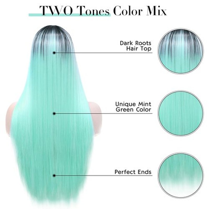 WIGER Long Straight Green Wigs for Women Ombre Mint Green Hair Wig Light Green Colorful Mermaid Wigs Two-tone No Lace Synthetic Straight Hair for Cosplay