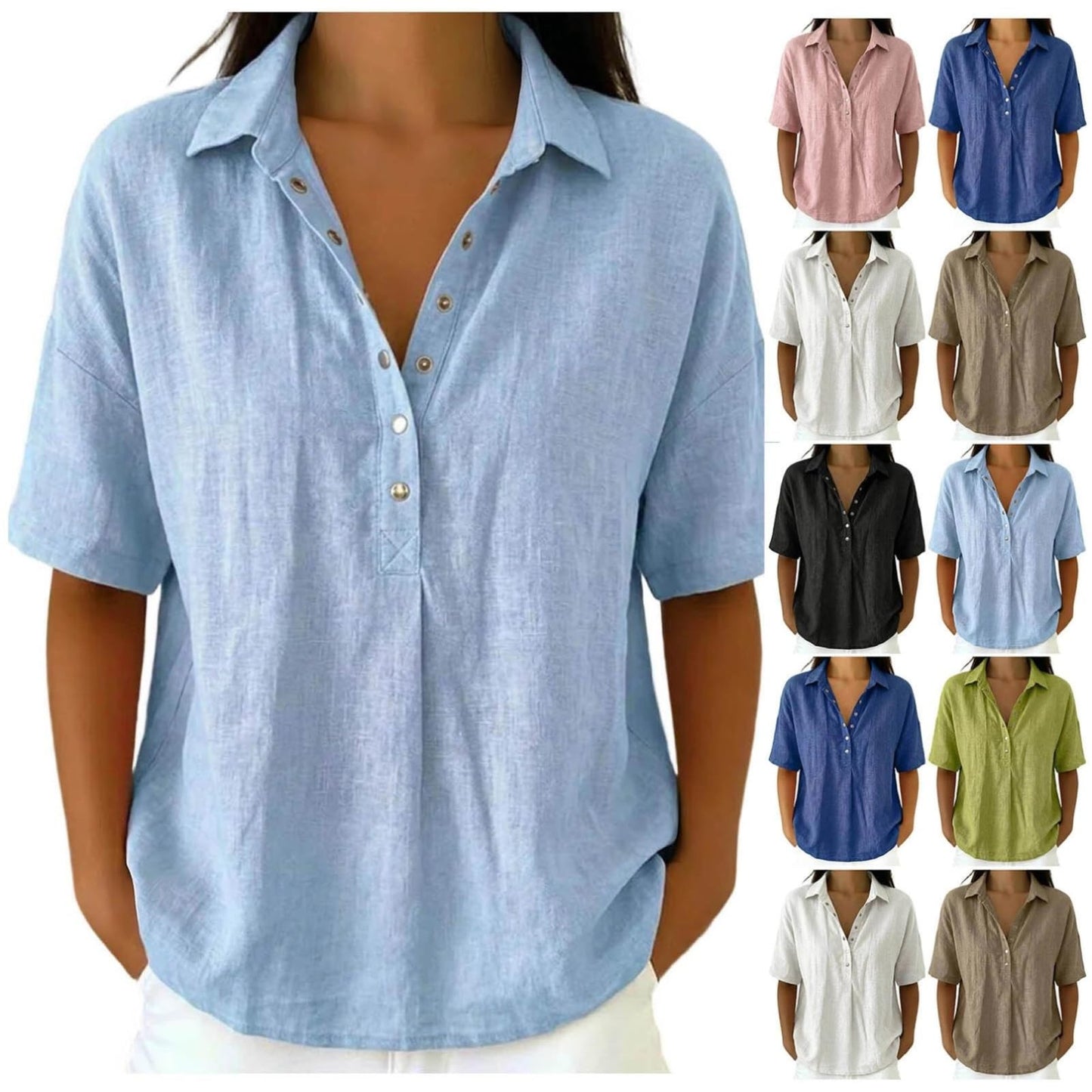 Linen Button Down Shirt Women,Cotton Linen Tops for Women Button Down V-Neck Short Sleeve Gauze Shirts Summer Casual Beach Vacation Blouses 2026 Light Blue