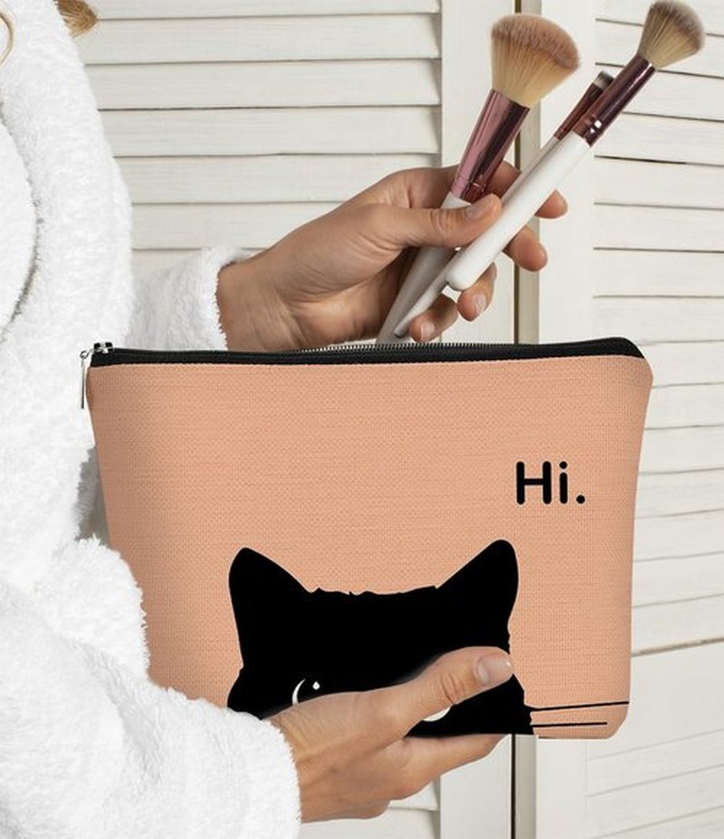 BARPERY Cat Makeup Bag, Cute Makeup Bag, Cat Gifts for Cat Lovers Women, Black Cat Gifts, Hi Black Cat Kitty Cosmetic Bag, Cat Makeup Pouch, Cat Stuff for Cat Lovers (Camel-2)