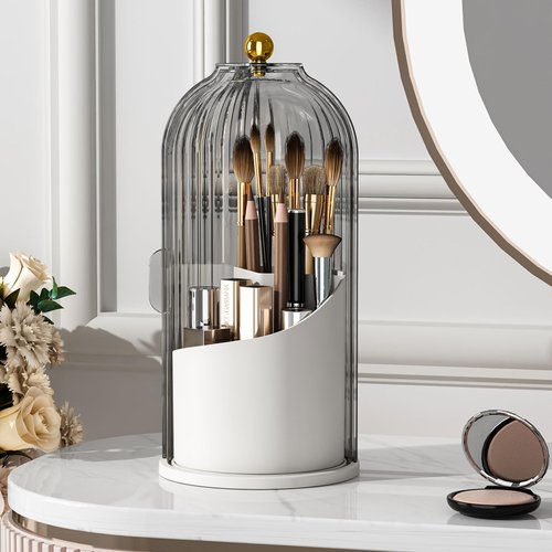 YOOLENS Makeup Brush Holder Organizer with Lid,360 Rotating Clear Dustproof Makeup Brushes Organizer for Vanity Desktop Bathroom Countertop (Gray)