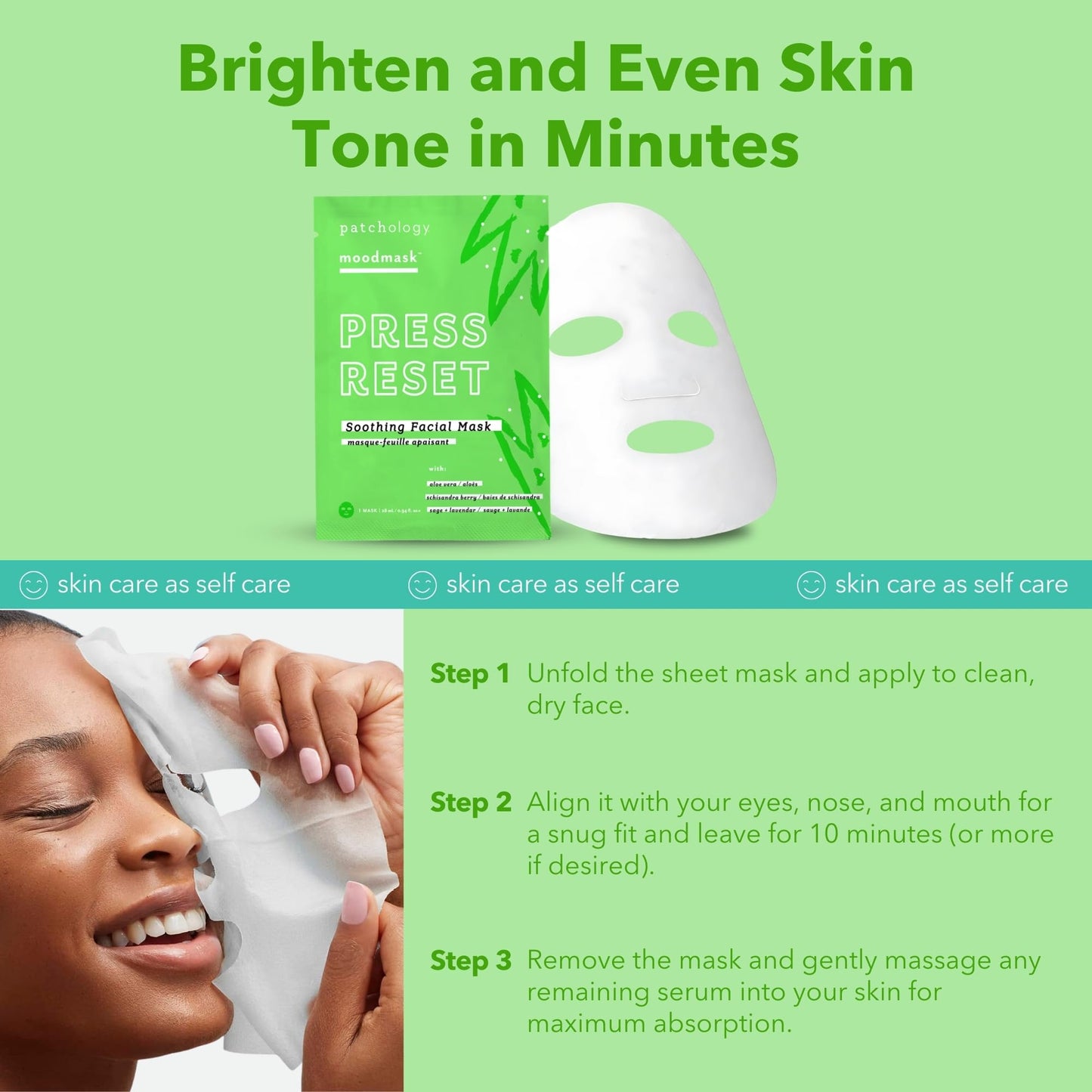 Patchology Press Reset Aloe Vera Face Mask - Moisturizing Facial Sheet Masks w/ Lavender & Vitamin B5 for Skin Relaxation & Revitalization - Ideal Skincare Solution for Sun-Exposed Skin (4 Count)