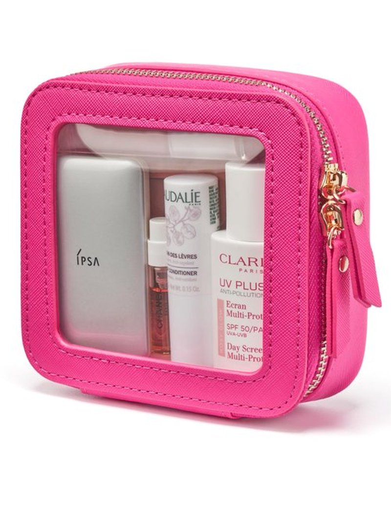 Mini Makeup Bag Clear Small Travel Cosmetic Case Leather Cute Hot Pink Pouch for Purse Organizer Make Up Bag for Women Car Toiletry Bag with Zipper for School
