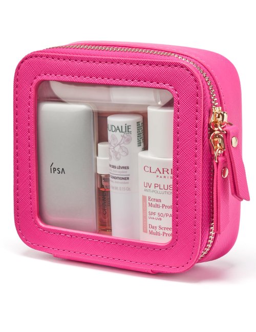 Mini Makeup Bag Clear Small Travel Cosmetic Case Leather Cute Hot Pink Pouch for Purse Organizer Make Up Bag for Women Car Toiletry Bag with Zipper for School