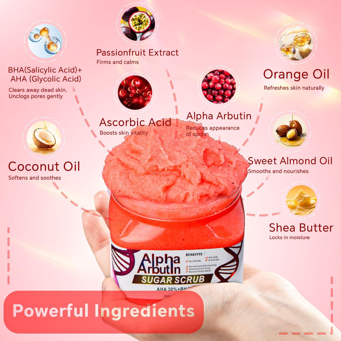 Dr Meinaier Alpha Arbutin Sugar Body Scrub, AHA + BHA, Anti-Acne, Anti-Wrinkle, Nourishing and Moisturizing Formula, 18 Oz (2)