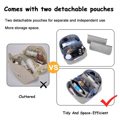 Travel Makeup Bags Cosmetic Organizer Bag: 3-Set Large Capacity Make up Bag - PU Leather Toiletry Bag for Women - Wide Open Portable Pouch with Divider & Handle (03-Grey-1)