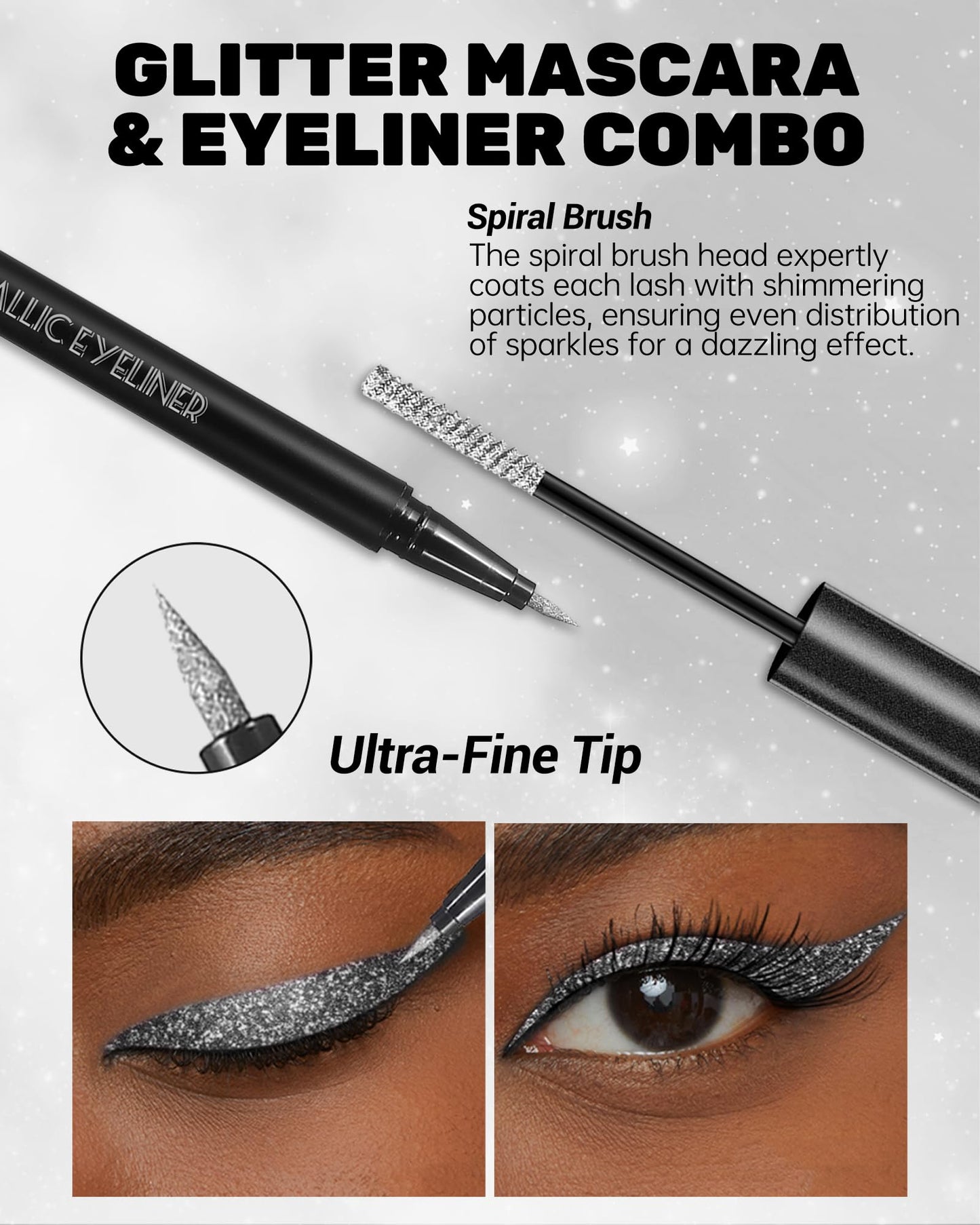 Glitter Mascara and Eyeliner Set, Diamond Sparkle Effect, Lengthening Volumizing Shimmer Colored Mascara for Eyelash, Waterproof Metallic Glitter Eyeliner Liquid, Women Party Eye Makeup-White Silver