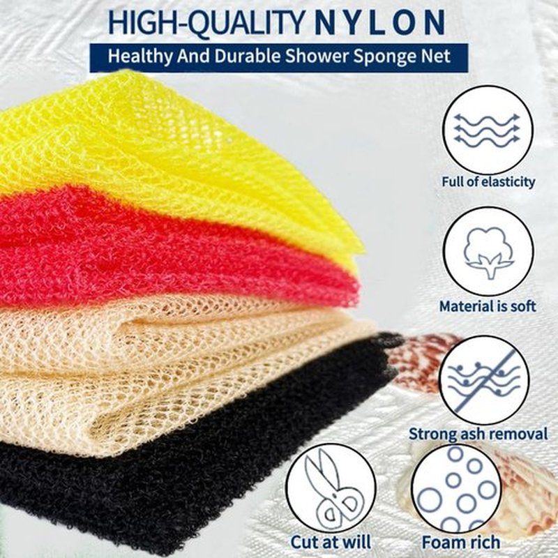 SPMKTBOZAI African Exfoliating Net, 4 Pieces African Net Sponge, Nylon African Bath Sponge Net, African Net Long Net Bath Sponge Shower Body Scrubber(Yellow, Red, Bright Yellow, Black)