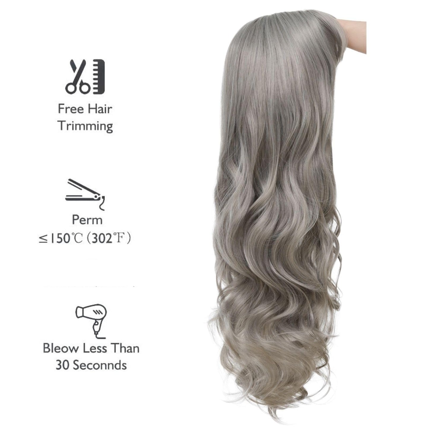 Salaibs Grey Long Curly Wavy Wigs for Women with Bangs Natural Wave Dark Gray Hair Wig Synthetic Heat Resistant Halloween Daily Wig